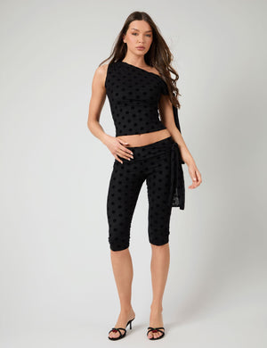Knot Detail Asymmetric One Shoulder Polka Dot Devore Top Black