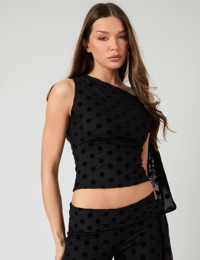 Knot Detail Asymmetric One Shoulder Polka Dot Devore Top Black | Public ...