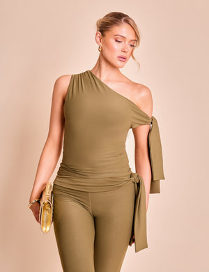 Knot Detail Tie Side Luxe Slinky Capri Pants Khaki