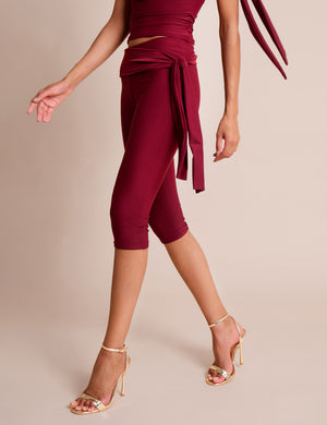 Knot Detail Tie Side Luxe Slinky Capri Pants Burgundy