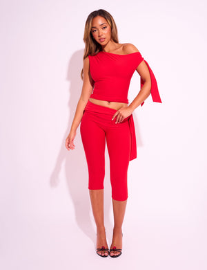 Knot Detail Tie Side Luxe Slinky Capri Pants Red