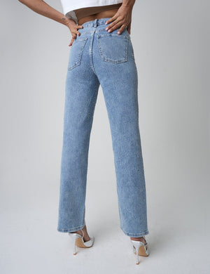 Clear Diamante Straight Fit High Rise Demin Blue Jeans