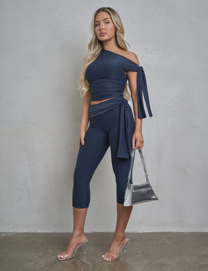 Knot Detail Tie Side Luxe Slinky Capri Pants Navy