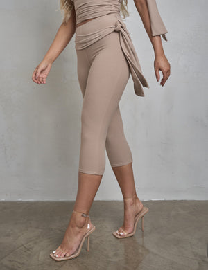 Knot Detail Tie Side Luxe Slinky Capri Pants Latte