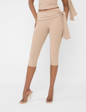 Knot Detail Tie Side Luxe Slinky Capri Pants Latte