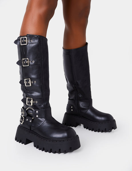 Black pu buckle detail shop chunky over the knee boots