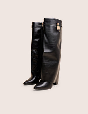 Reese Black Fold Over Pu Knee High Boots