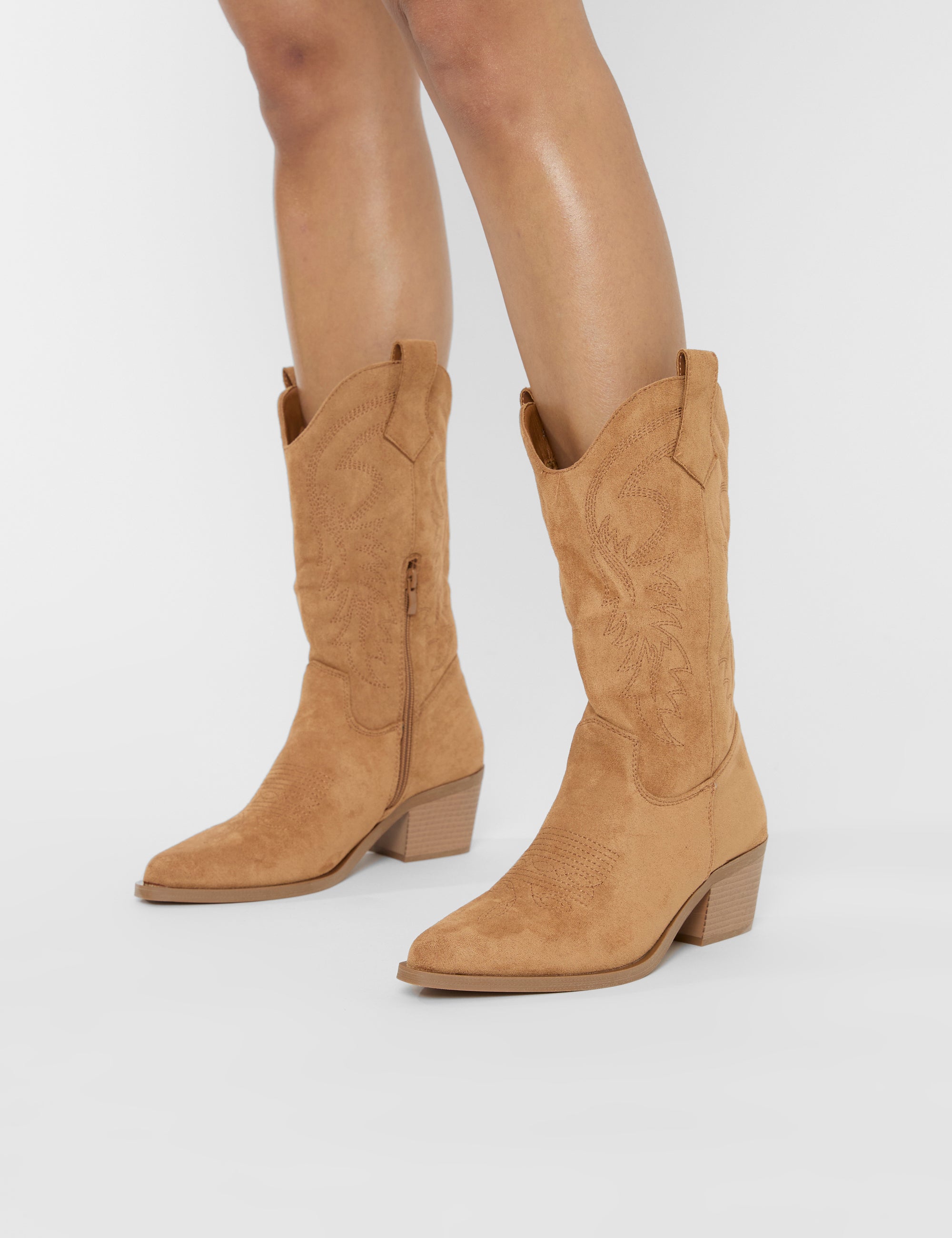Sandy Tan Suedette Western Cowboy Ankle Boots