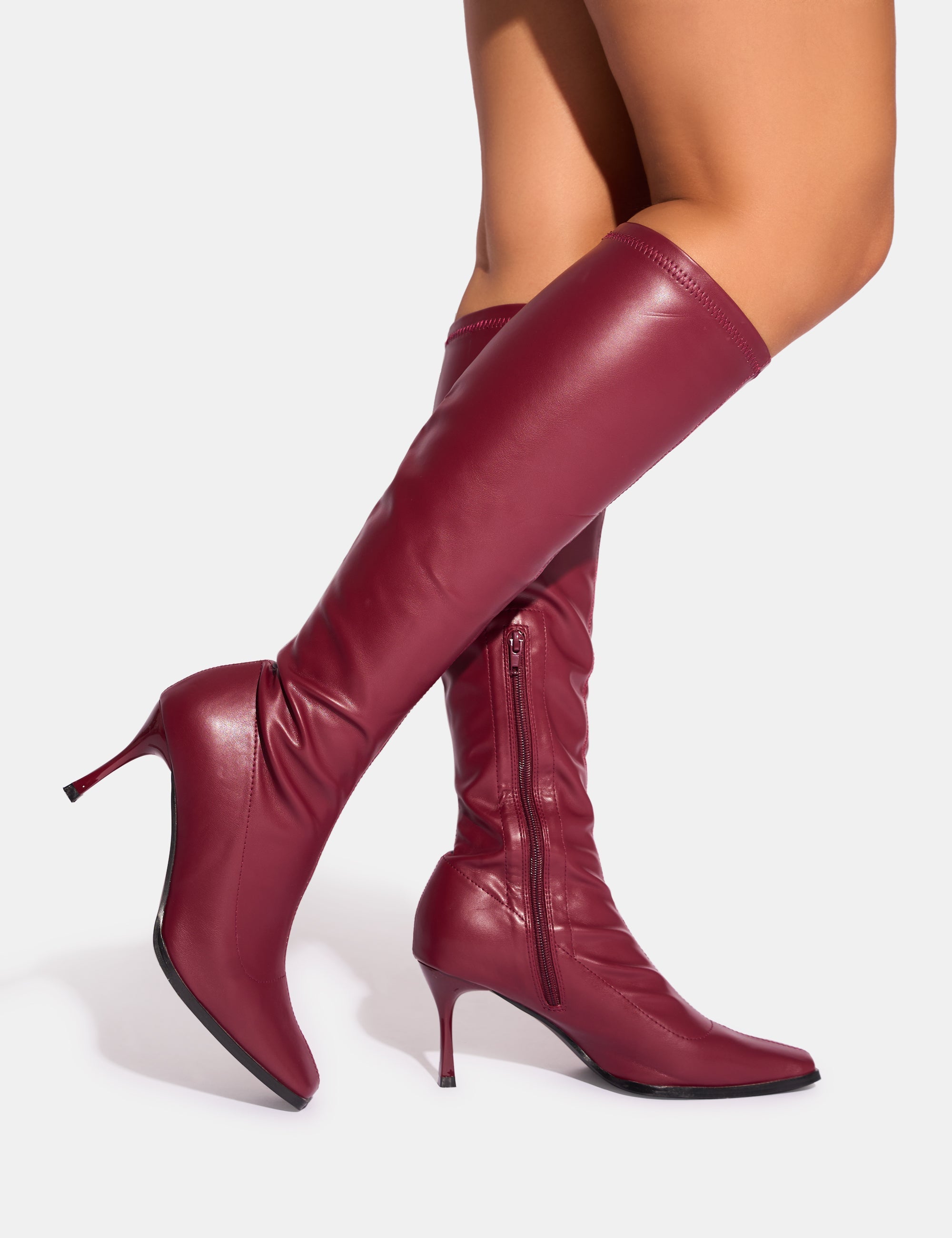 Knee Boots Wine Coloured Boots Womens Wine Faux Leather Fold Over