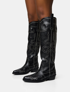 Serpentine Black Snake Embroidered Flat Knee High Western Boots