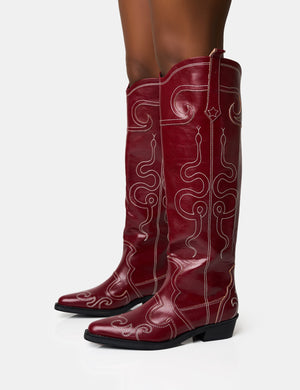 Serpentine Burgundy Wide Fit Snake Embroidered Flat Knee High Western Boots