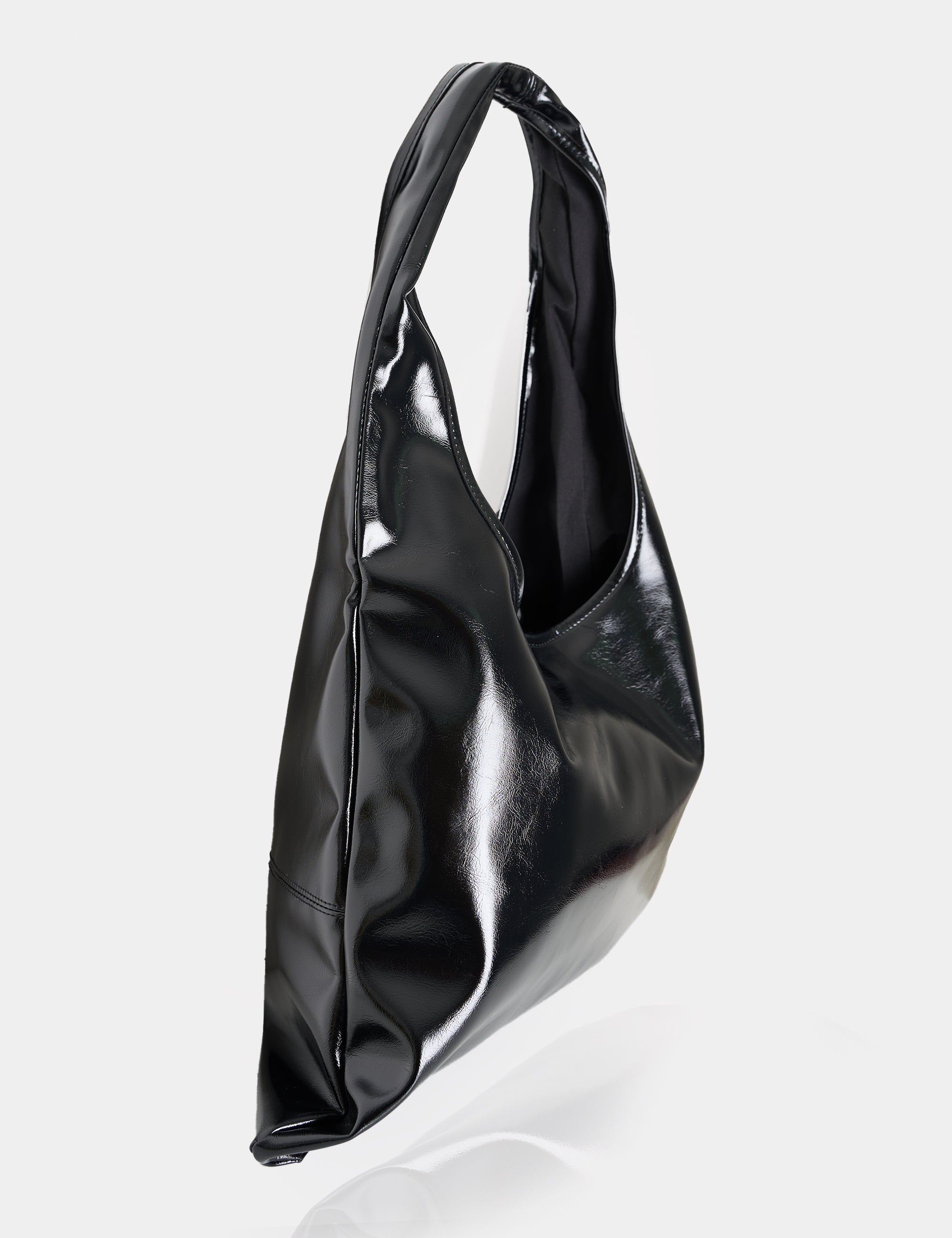 Shadow Black Patent Slouchy Hobo Tote Bag | Public Desire
