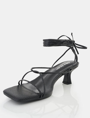 Shibuya Black Snake Texture Pu Square Toe Lace Up Low Heels