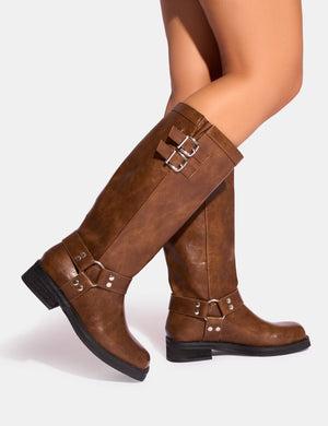 Sirius Tan Vintage Buckle Knee Hight Flat Boots