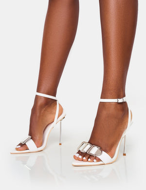 Socialite White Pu Buckle Detail Barely There High Heels