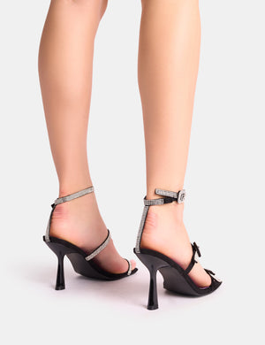 Spellbound Black Three Strap Diamante Buckle Heels