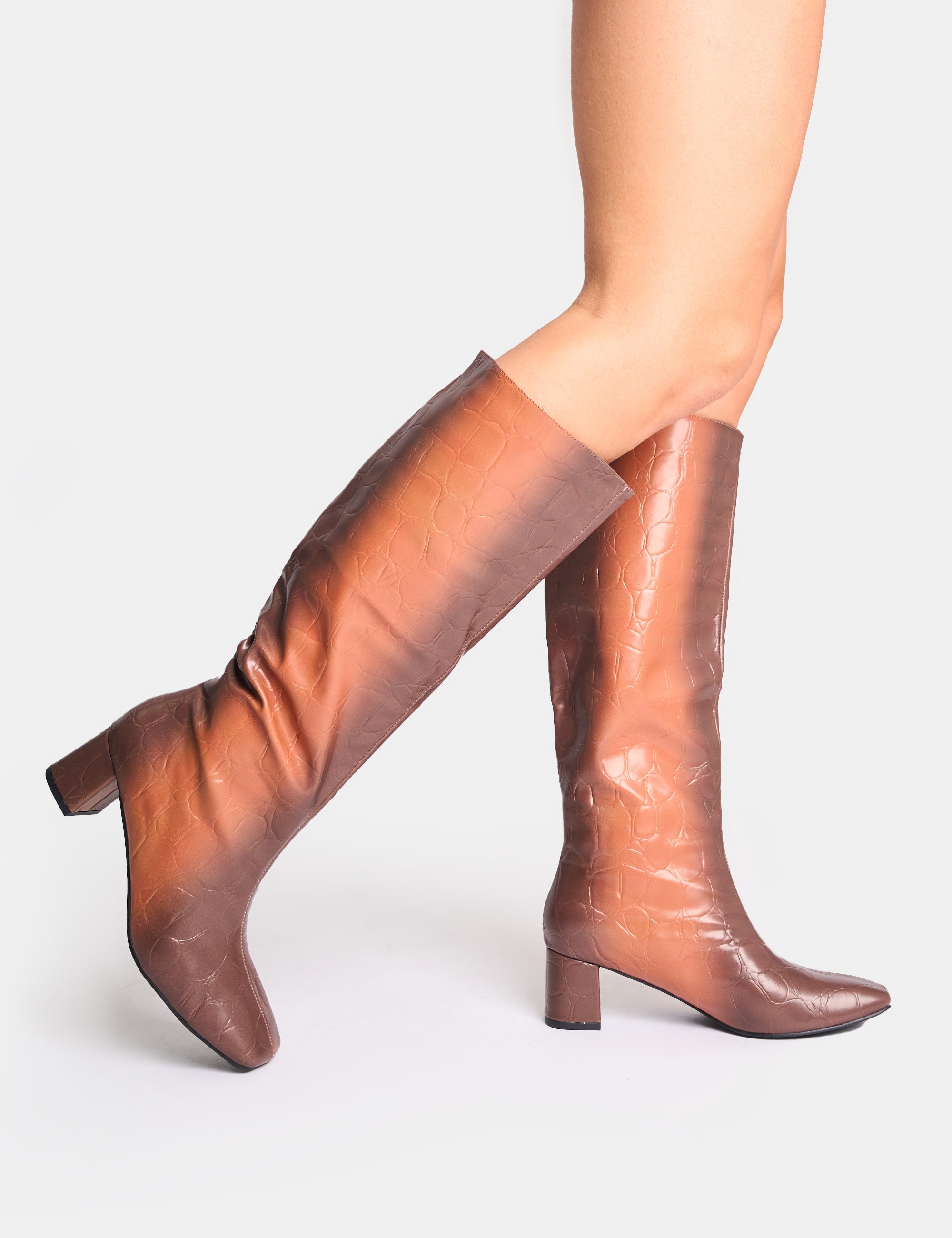 Tamira Brown Ombre Block Heel Knee High Boots | Public Desire