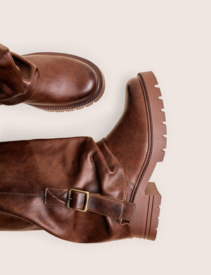 Terry Chocolate Brown Fold Over Buckle Detail Ankle Boots
