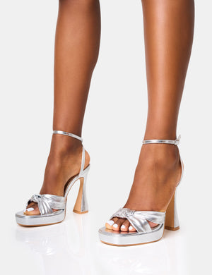 Trendsetter Silver Knot Detail Flare Platform Heels