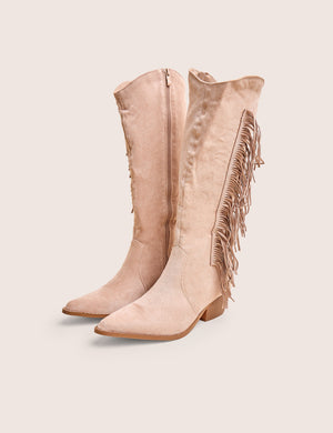 Tucker Beige Faux Suede Knee High Tassle Detail Western Boots