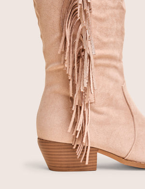 Tucker Beige Faux Suede Knee High Tassle Detail Western Boots