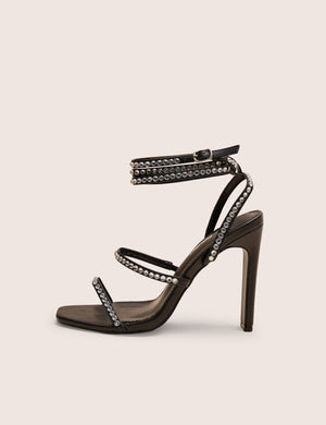 Ultra Chic Black Diamante Strappy Square Toe Slim Block Illusion Heel