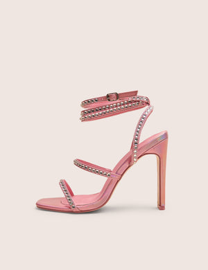 Ultra Chic Pink Diamante Strappy Square Toe Slim Block Illusion Heel