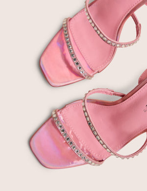 Ultra Chic Pink Diamante Strappy Square Toe Slim Block Illusion Heel