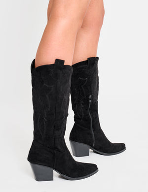 Uptown Girl Black Suedette Western Cowboy Knee High Boots