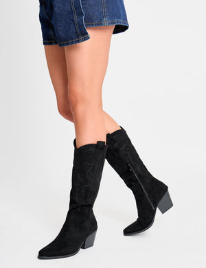 Uptown Girl Black Suedette Western Cowboy Knee High Boots