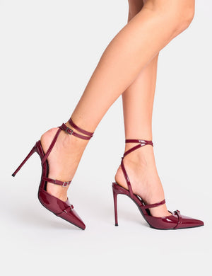 Viper Burgundy Three Strap Buckle Detail Court Heels