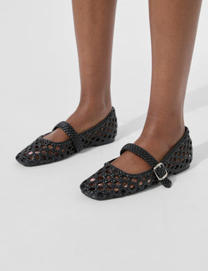 Winoma Black Pu Buck Detail Strap Woven Ballet Pump