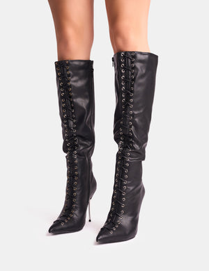 Witchcraft Black Lace Up Knee High Boots