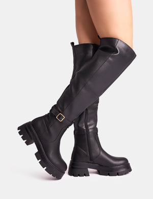 Zelda Black Pocket and Zip Detail Over the Knee Boots