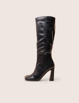 Zoya Black Slanted Toe Block Heel Knee High Sock Boots