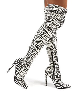 Confidence Zebra Stiletto Heeled Over the Knee Boots