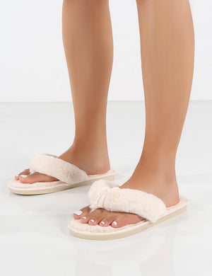 Cuddle White Thong Strap Faux Fur Slippers