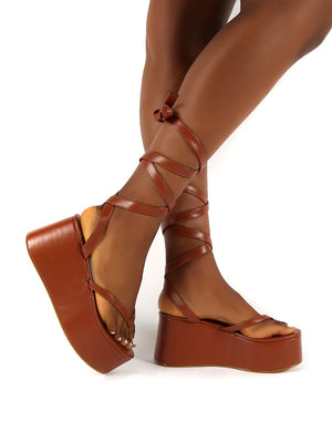 Amber x Public Desire Geisha Tan PU Tie Up Thong Strap Flatform Sandals
