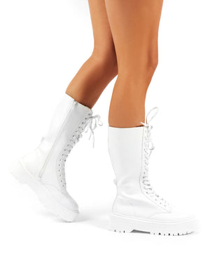 Kendall White PU Lace Up Chunky Knee High Boots