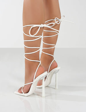 Lacey Wide Fit White PU Square Toe Strappy Lace Up Heels