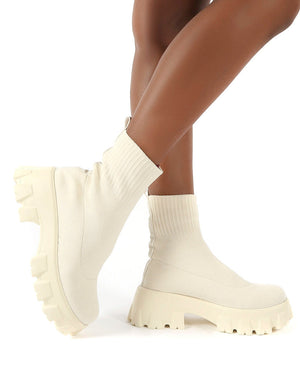 Trust Ecru Chunky Platform Sole Sock Ankle Boots | Public Desire