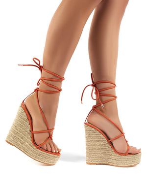 Luciana Orange Lace Up Espadrille Wedge Heeled Sandals