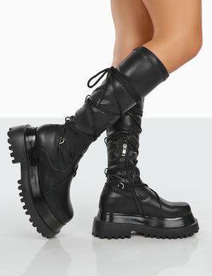 Hype Black Pu Lace up Chunky Sole Knee High Boots