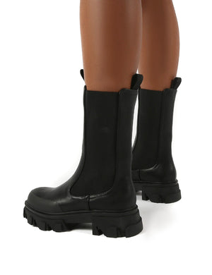Boston Black Wide Fit Calf High Chunky Sole Boots