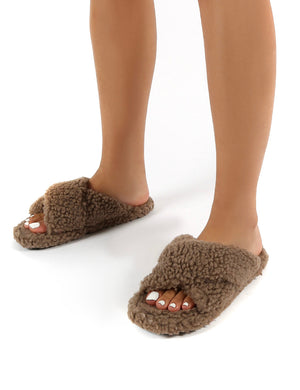 Cozee Tan Fluffy Teddy Cross Over Strap Slippers