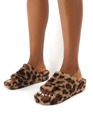 Dreams Leopard Strap Back Faux Fur Fluffy Slippers