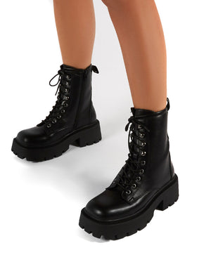 Leader Black Lace Up Chunky Sole Biker Boots