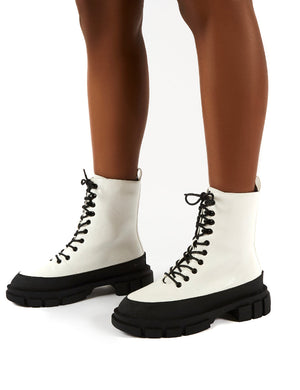 Mischief White Patent Lace Up Chunky Sole Ankle Boots