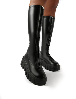 Quest Black Zip Up Chunky Sole Knee High Boots