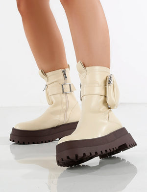 Amber x Public Desire Thought Ecru PU Chocolate Chunky Sole Ankle Boot